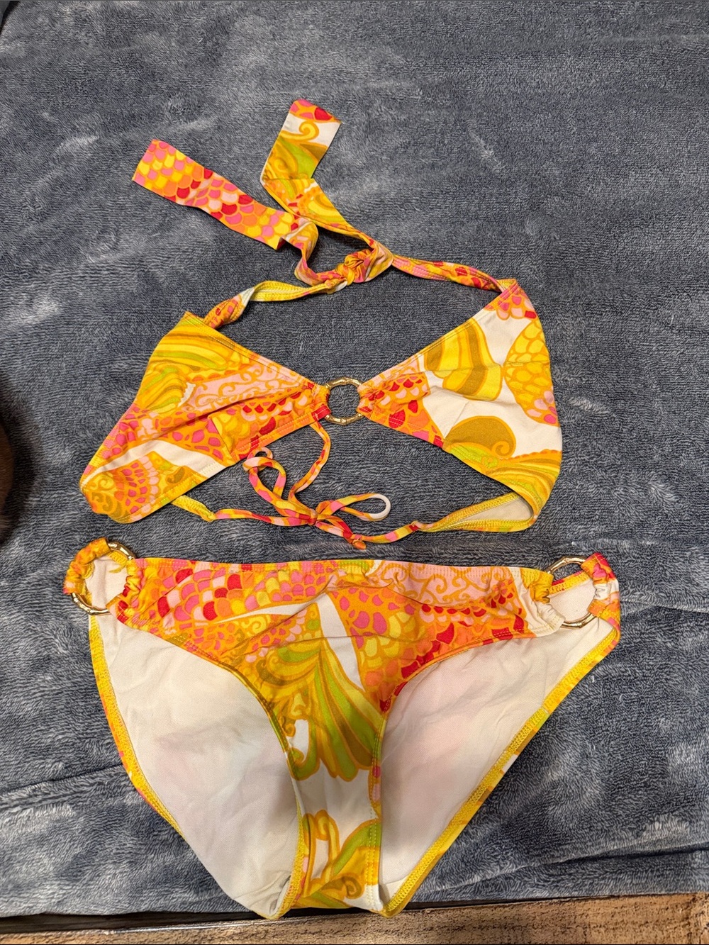 Trina Turk Yellow Pink Orange Patterned Bikini Set Top Size Medium/Bottoms Large